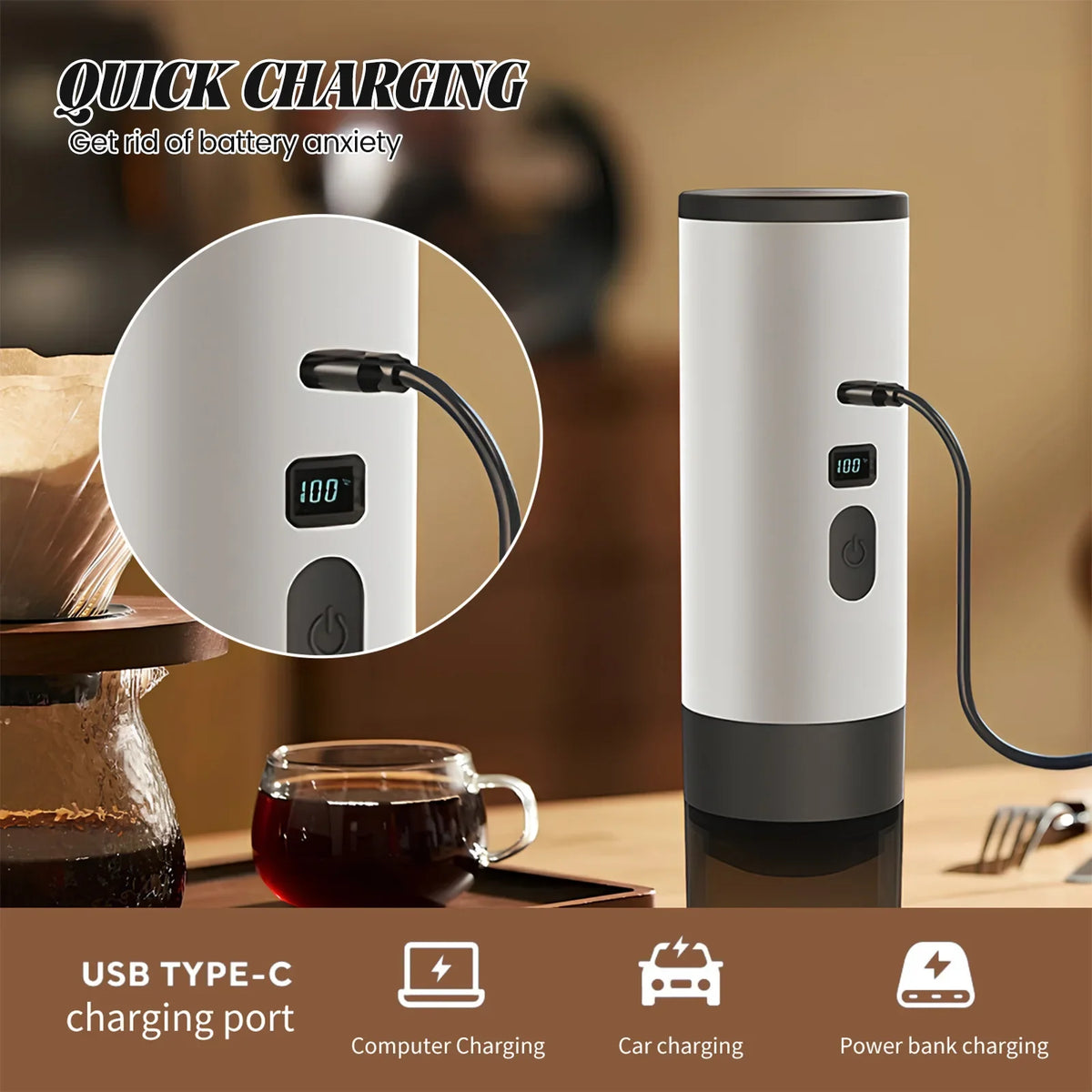Trailbrew Portable Coffee Press USB-C quick charging from laptop, car, and power bank