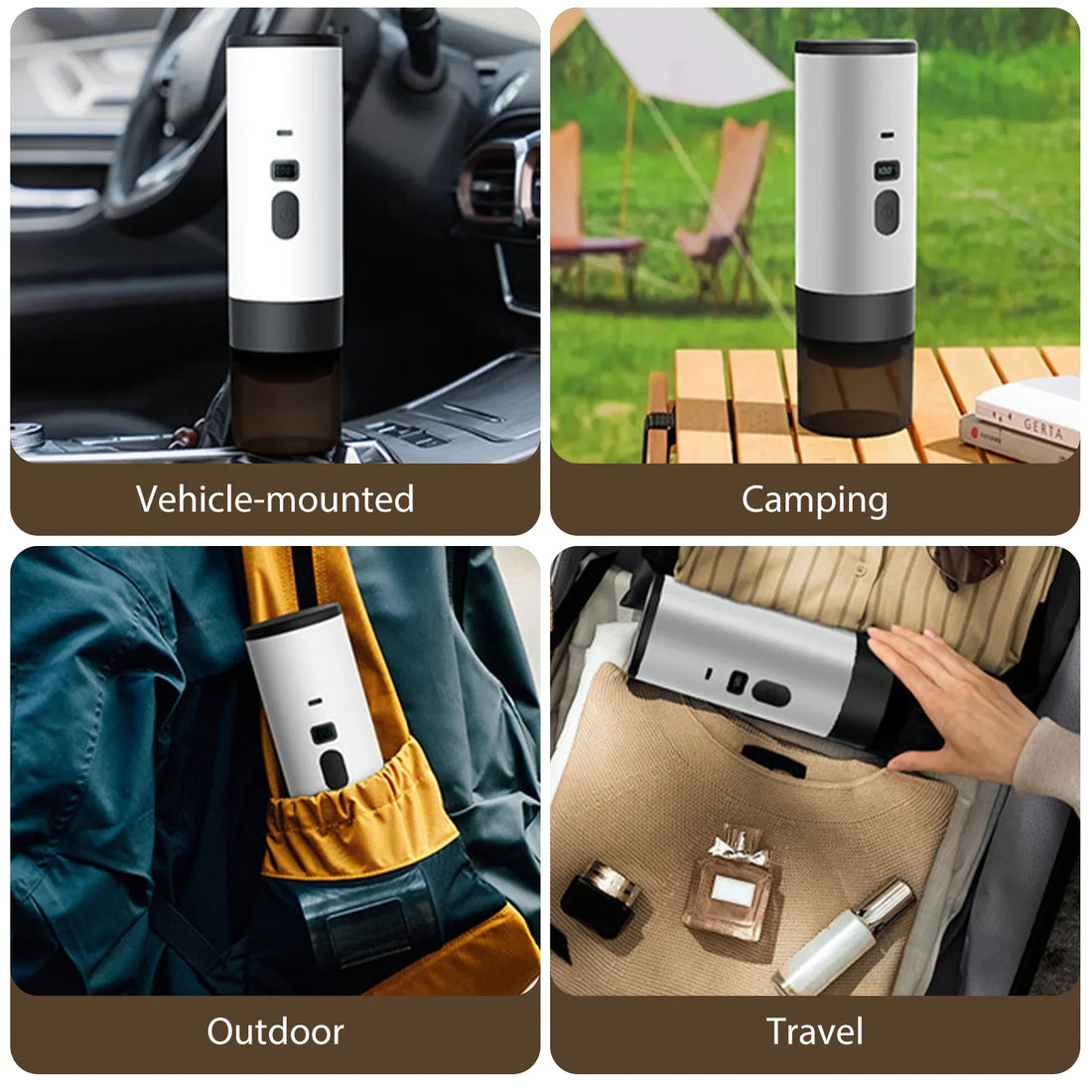 Trailbrew Portable Coffee Press used in a car, camping, outdoors, and while traveling